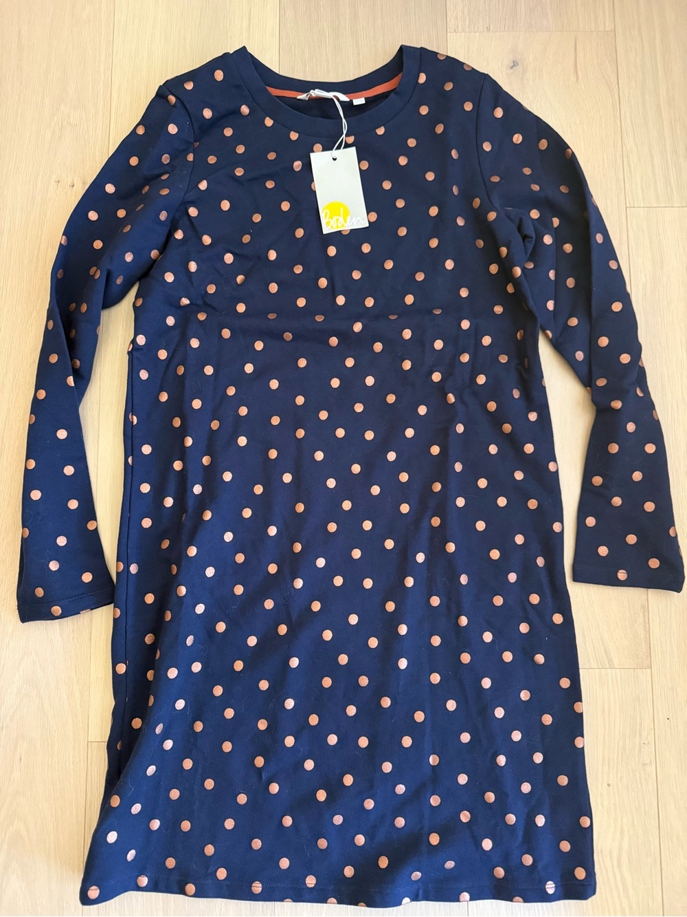 NWT Boden Navy Sweatshirt Dress with Copper Polka Dots - US 6